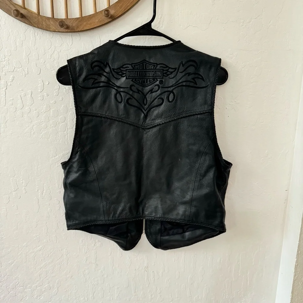 Harley Davidson Womens L Genuine Leather Zip Pocket Vest Biker Motorcycle Vtg